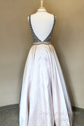 Sparkle Sequin Beaded V-Neck Long Satin Semi Formal Prom Dresses